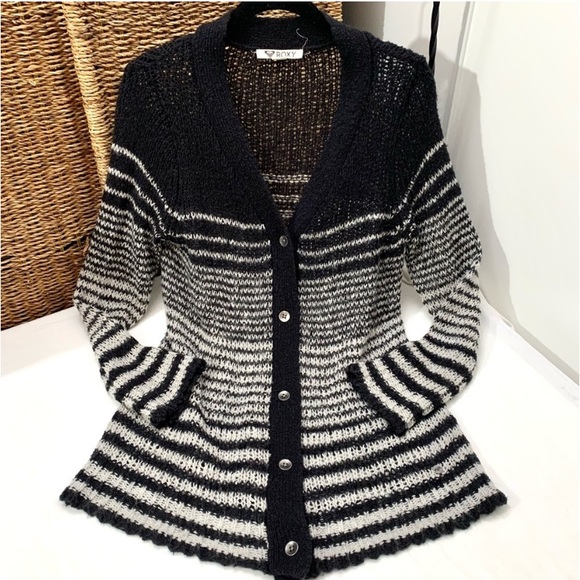 "Roxy" black and white striped button front lightweight knit cardigan- M - Picture 13 of 13